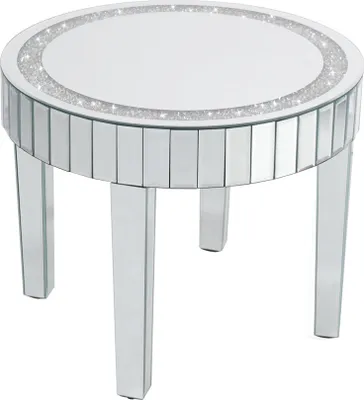 A single, round end table with mirrored surfaces and crystal accents.