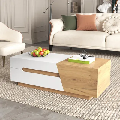 Image de OKWISH Table Basse Extensible - Avec Mécanisme Glissant et Espace De Rangement, Design Moderne, 120×50×37,5 cm - Blanc Et Couleur Bois