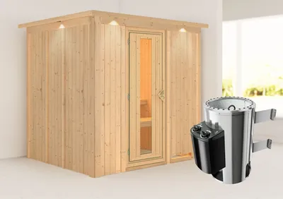 Produktbild von Karibu Sauna Innensauna Daria Fronteinstieg Ofen 3,6 kW intgr. Strg 210x184x202 cm mit Dachkranz mit Energiespartür
