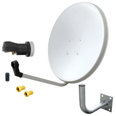A satellite dish kit with its components laid out against a white background.