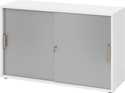 Produktbild von bümö Schiebetürenschrank office - 2 Ordnerhöhen - Griff: Streifengriff (Kunststoff), Nachbildung: Weiß/Silber