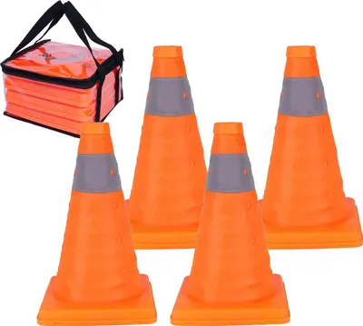 Produktbild von Relaxdays Pylonen, 4er Set, faltbare Leitkegel, Reflektor-Streifen, Faltkegel, HxBxT: 30 x 19 x 19 cm, orange/silber