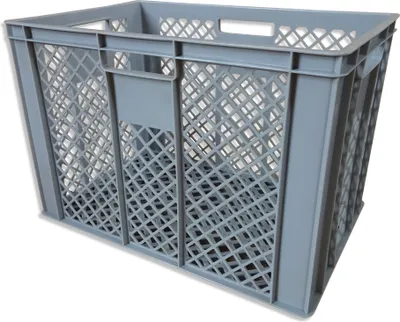 A grey plastic crate with a lattice design.