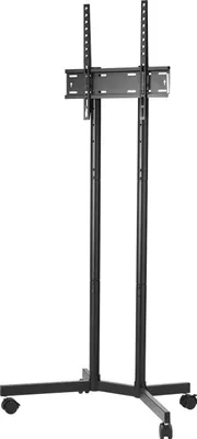 A black rolling TV stand on a white background.