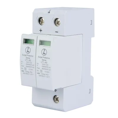 A white surge protective device with two modules, mounted on a DIN rail.