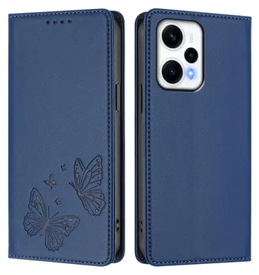 Produktbild von Lederhülle für Xiaomi Poco F5/Redmi Note 12 Turbo 5G, Schmetterling Prägung Leder Brieftasche Schutzhülle mit Ständer Dunkelblau
