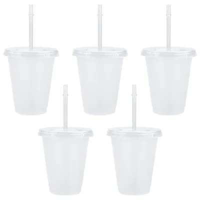 Image de Lot de 5 gobelets en plastique réutilisables avec couvercle et paille