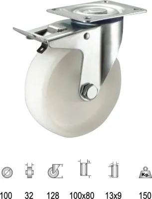 Zdjęcie produktu dla Przemysłowe kółka nylonowe z hamulcem 100 mm