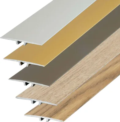 Produktbild von Dalsys Übergangsprofil flach, Alu eloxiert, Eiche hell, 90x35x15mm, zum Schrauben inkl. Befestigungsmaterial, für gleichhohe Bodenbeläge (Teppich, PVC, Fliesen, Laminat oder Parkett), stolperfrei, längenkürzbar.