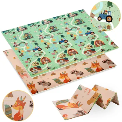 Produktbild von HUMBI Spielmatte Baby, Krabbelmatte, XPE Schaumstoff, Doppelseitig, Flatbar, Wasserdicht, Extra Größe, Teppich Babymatte, Rutschfest, 180x200 cm, Dorf