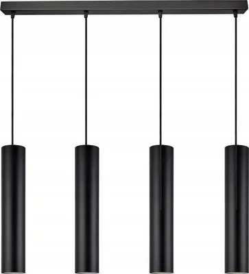 A black, four-light pendant lamp with cylindrical shades, suspended from a rectangular bar.