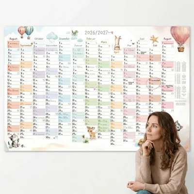 Produktbild von Schuljahreskalender A1 2026/2027 Tierwelt Pastell – 13 Monate, Ferien & Feiertage DE/AT, beschreibbar Jahresplaner