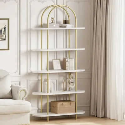 Obrázok produktu pre Knižnica a stojan – voľne stojaca vysoká knižnica – 5 políc – oblúkový dizajn – kovový rám – moderný – zlatá/biela