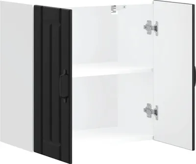 An open white cabinet with a black door on the left.