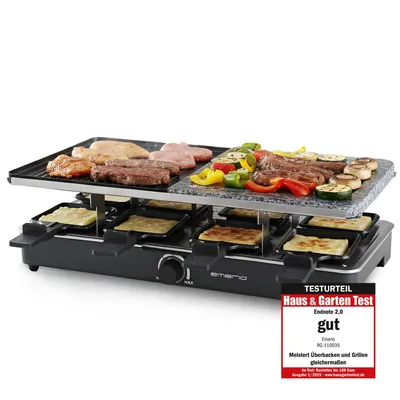 Produktbild von Emerio Gourmet-Stein­grill – Raclette-Grill – 1400 W – 8 Personen – einstellbarer Thermostat – inkl. 8 Holzspatel & Pfännchen – RG-110035