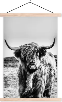 Produktbild von MuchoWow® Textilposter Scottish Hochlandrind - Schwarz - Weiß 60x90 cm mit holzfarbenen Rahmen - Textil