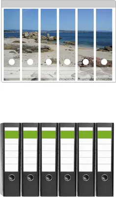 Produktbild von Wallario 6 Stück breite Ordner inkl. Klebeetiketten mit Motive Felsen auf einem Sandstrand -  Set mit Rückenschildern / Ordnerrücken Stickern