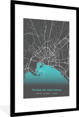 Produktbild von MuchoWow® Gerahmtes Poster Mallorca - Stadtplan - Karte - Blau 60x90 cm - Poster mit Schwarzem Bilderrahmen Wandposter Rahmen Foto Bilder - Dekoration - Wandposter Wohnzimmer - Hochwertig