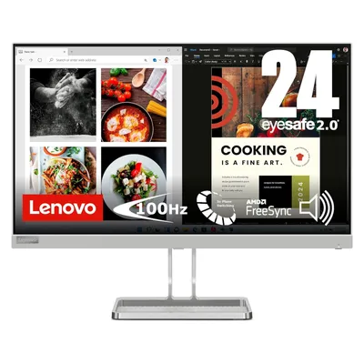 A computer monitor displaying a split screen with images of food and a cooking advertisement. The monitor is on a stand.