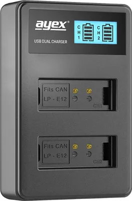 Produktbild von USB Dual Ladegerät für Canon LP-E12 Akkus beleuchtetes Display Ladestandanzeige
