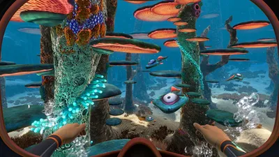 Underwater scene from a video game, viewed from a first-person perspective.