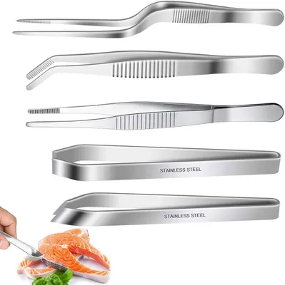 Produktbild von Küchenpinzetten Set 5-teilig, Edelstahl, Fischgrätenpinzette und Grillzangen, für Kochen