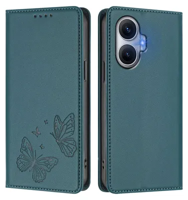 Obrázek produktu pro Kožené pouzdro pro Xiaomi Poco F7/Redmi Turbo 4 Pro, motýlí ražbou, peněženkové flip pouzdro se stojánkem Zelená