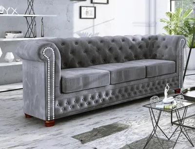 Produktbild von S-STYLE MÖBEL - Chesterfield Jutta Sofa 3-Sitzer aus Grau Samt-Stoff mit Holzfüßen, B/T/H: 203 cm/ 86 cm/ 72 cm