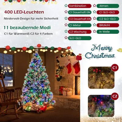 Produktbild von COSTWAY 210cm Künstlicher Weihnachtsbaum LED, beleuchteter Tannenbaum mit Kiefernzapfen & roten Beeren & Metallständer, 11 Lichtmodi, Christbaum PVC Kunstbaum Weihnachten, grün