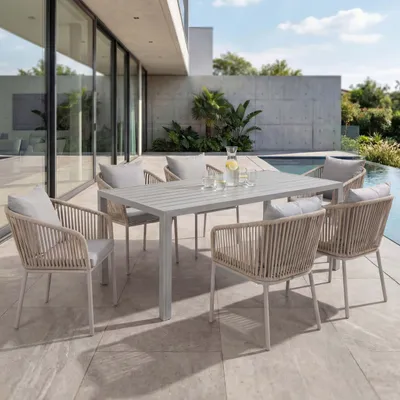 Produktbild von Gartengarnitur HWC-N41, Tisch+6xStuhl, wetterfest Alu 180x80cm, Seilgeflecht Rope  grau Kissen grau