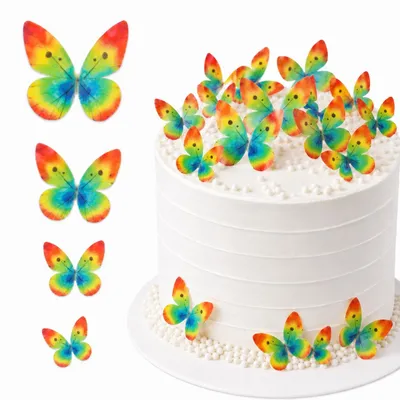 Produktbild von 6 Stück ausgestanzte 3D-Schmetterlinge aus Waffelblättern in Regenbogenfarben – essbare Tortendekoration