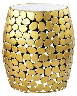 Beistelltisch rund 40 cm Aluminium Gold mit Marmor-Tischplatte Weiß in Gesamtansicht.