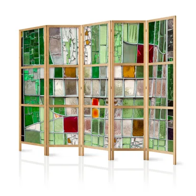 Immagine prodotto di Schermo Abstraction 225x171 cm 5 pezzi monofacciale elegante schermo per la privacy parete divisoria per la stanza divisorio in legno design motivo deco casa ufficio vetro colorato f-B-0088-bh-c