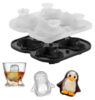 Eiswürfelform Pinguin, Silikon, 4 Fächer, 3D, mit Deckel, schwarz