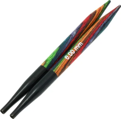 Two knitting needles with a multicolor wooden design and black handles, isolated on a white background.