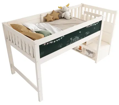 Immagine prodotto di Letto a castello per bambini - Realizzato in legno massello - Bianco - Spazio contenitivo - Superficie utilizzabile come lavagna - Scala - Libreria aperta - Ringhiera di sicurezza alta