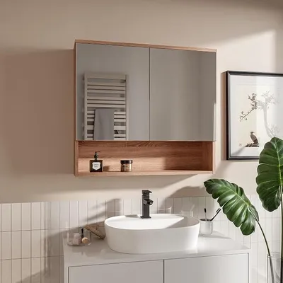 Image de Armoire miroir en chêne Sonoma, 78x70 cm, pour salle de bain, avec 2 portes miroir et étagères. Armoire de salle de bain à ouverture sans poignée, meuble suspendu