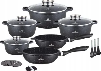 A set of granite-coated pots and pans with glass lids, along with cooking utensils, displayed on a white background.