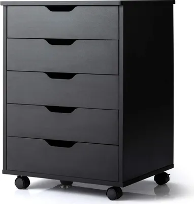Produktbild von GOPLUS Schubladenschrank mit Rollen, Rollcontainer mit 5 Schubladen, Aktenschrank, Griffmulden, 2 Rollen mit Bremsen, aus Holz, für Schlafzimmer Arbeitszimmer Büro (Schwarz)