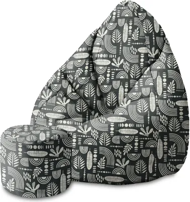 A beanbag chair and ottoman with a patterned fabric.