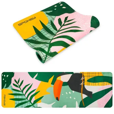 A rolled-up yoga mat with a tropical jungle pattern and a toucan illustration, shown from two angles.