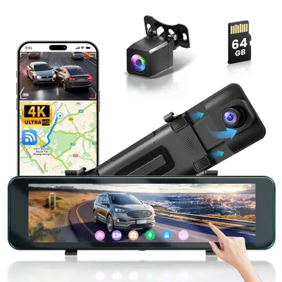 Zdjęcie produktu dla Kamera samochodowa z nagrywaniem w rozdzielczości 4K z przodu i 1080p z tyłu, 10,1-calowy ekran dotykowy, GPS i karta pamięci 64 GB