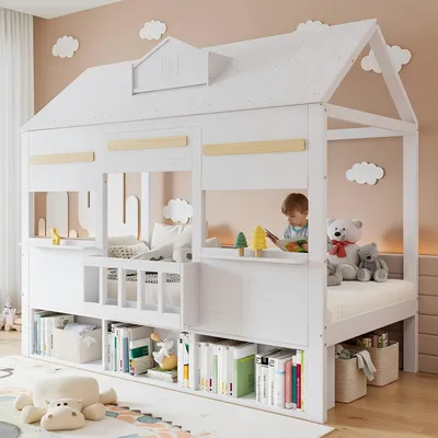 Produktbild von Merax Hochbett Hausbett 90x200cm mit Bücherregal, Kinderbett aus Massivholz mit Lattenrost, Spielbett platzsparend mit Dach und Fenster, Weiß