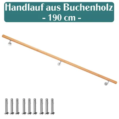 Obrázok produktu pre Bukové drevené madlo Schodiskové zábradlie Zábradlie pre schody Nástenné madlo Bočná montáž na stenu Výber dĺžky 50 – 500 cm, dĺžka: 190 cm