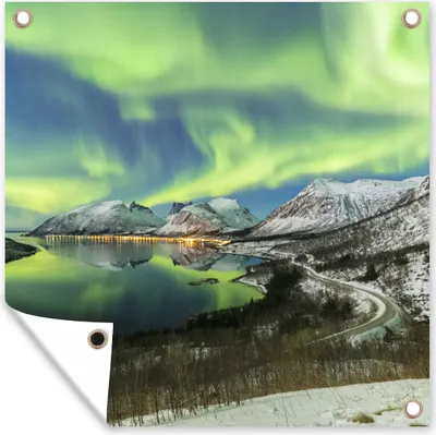Produktbild von MuchoWow® 50x50 cm Outdoor-Poster Gartendeko Sichtschutz Garten Poster für den Garten  Nordlichter - Fjord - Norwegen