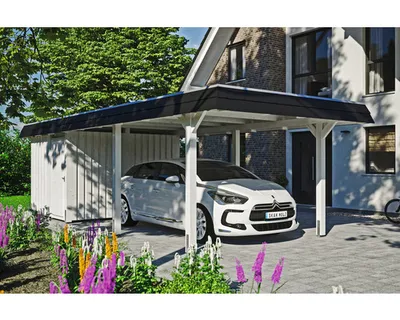 Produktbild von Einzelcarport SKAN HOLZ Wendland schwarze Blende inkl. Abstellraum, EPDM Folie, Pfostenanker 362 x 870 cm weiß