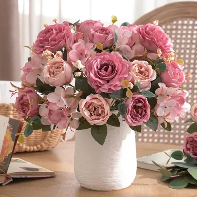 Produktbild von Kunstblumen Set von 2, Rosa und Dunkelrosa Pfingstrosen und Hortensien, 12 Stiele, für Hochzeiten