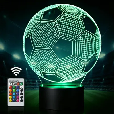 Image de Lampe de nuit LED 3D en forme de ballon de football – 16 couleurs, télécommande incluse, piles incluses, design illusion 3D – Idéale pour les chambres d'enfants et les fans de la Coupe du Monde, cadeau pour la maison