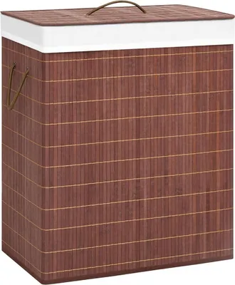 A brown bamboo laundry basket with a white lid and handles, shown from a slightly elevated front-left angle against a white background.