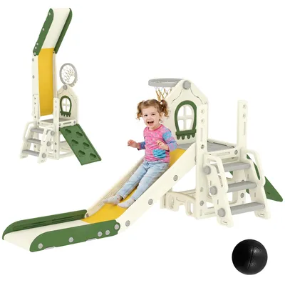 Productafbeelding van Opvouwbare 5-in-1 peuterglijbaan met klimelement, basketbalring, opbergruimte en basketbal voor kinderen van 1-3 jaar, crèmewit